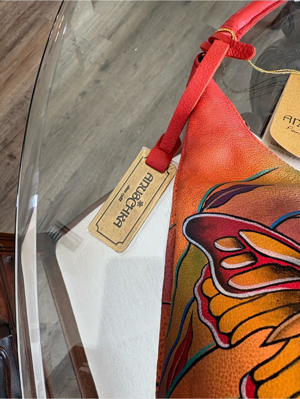 🧡♥️ANUSCHKA VIBRANT BUTTERFLY DESIGN HAND PAINTED LEATHER HOBO/SHOULDER BAG!🧡♥️ - Picture 6 of 9
